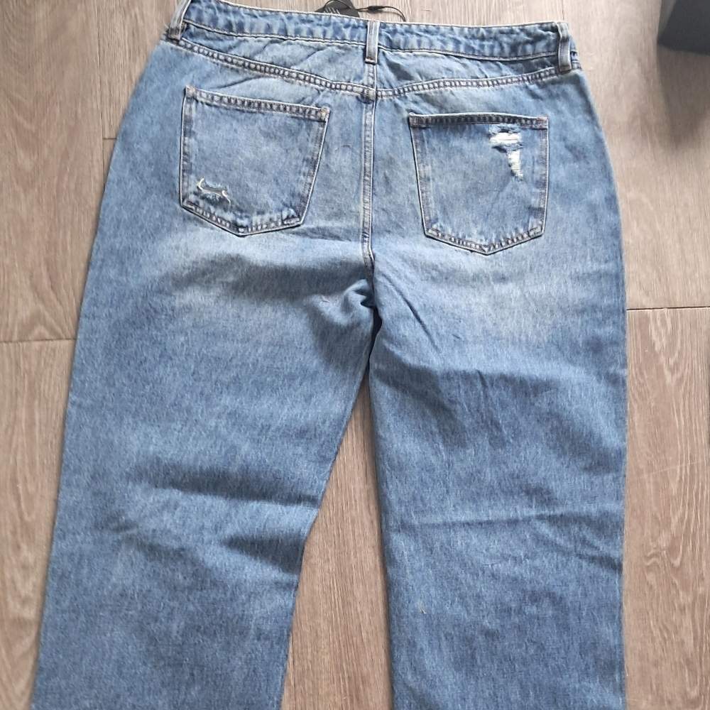 Fashion Nova Blue Straight Leg Jeans with Distressed Detail